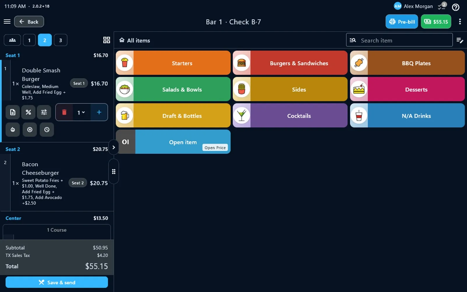 PalomaPOS order screen on a tablet: a bar check split by seat, with modifiers, a course, sales tax and the menu categories