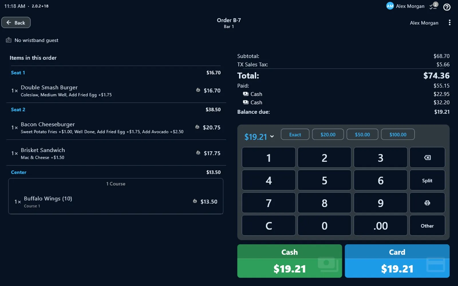PalomaPOS payment screen with items grouped by seat, two cash payments applied, the balance due, a keypad with Split, and Cash and Card buttons